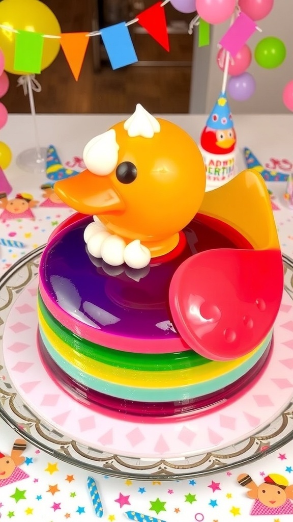 A colorful duck-shaped jelly cake with layers of jelly and whipped cream on a festive platter.